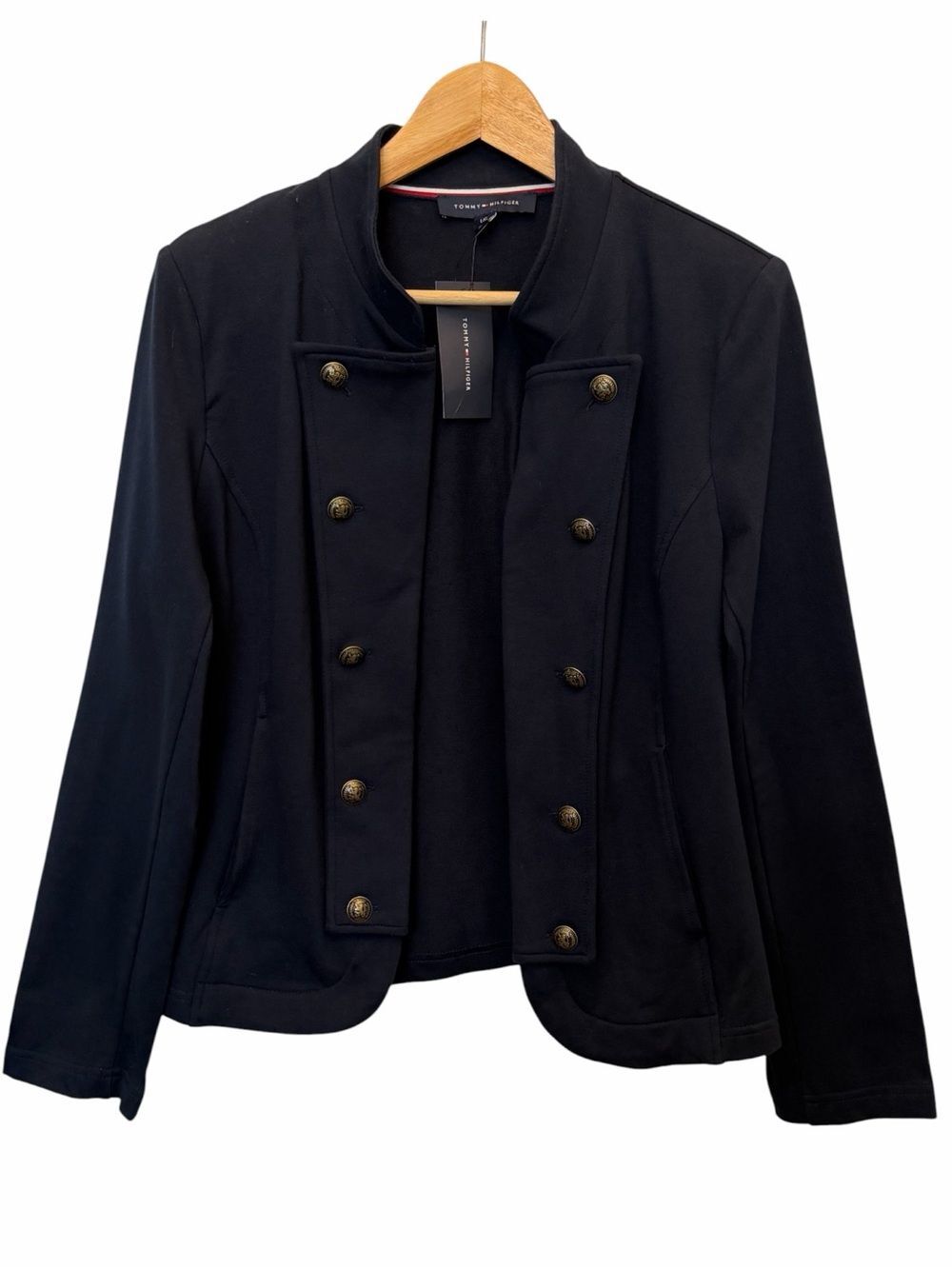 Tommy Hilfiger Womens Navy Double Military Band Style Open Knit Blazer Size L